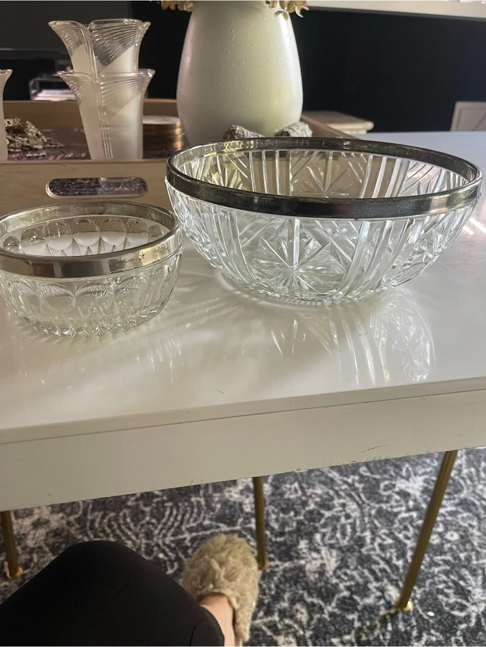 Crystal Serving Bowls large/small with Silver Rim - Clear